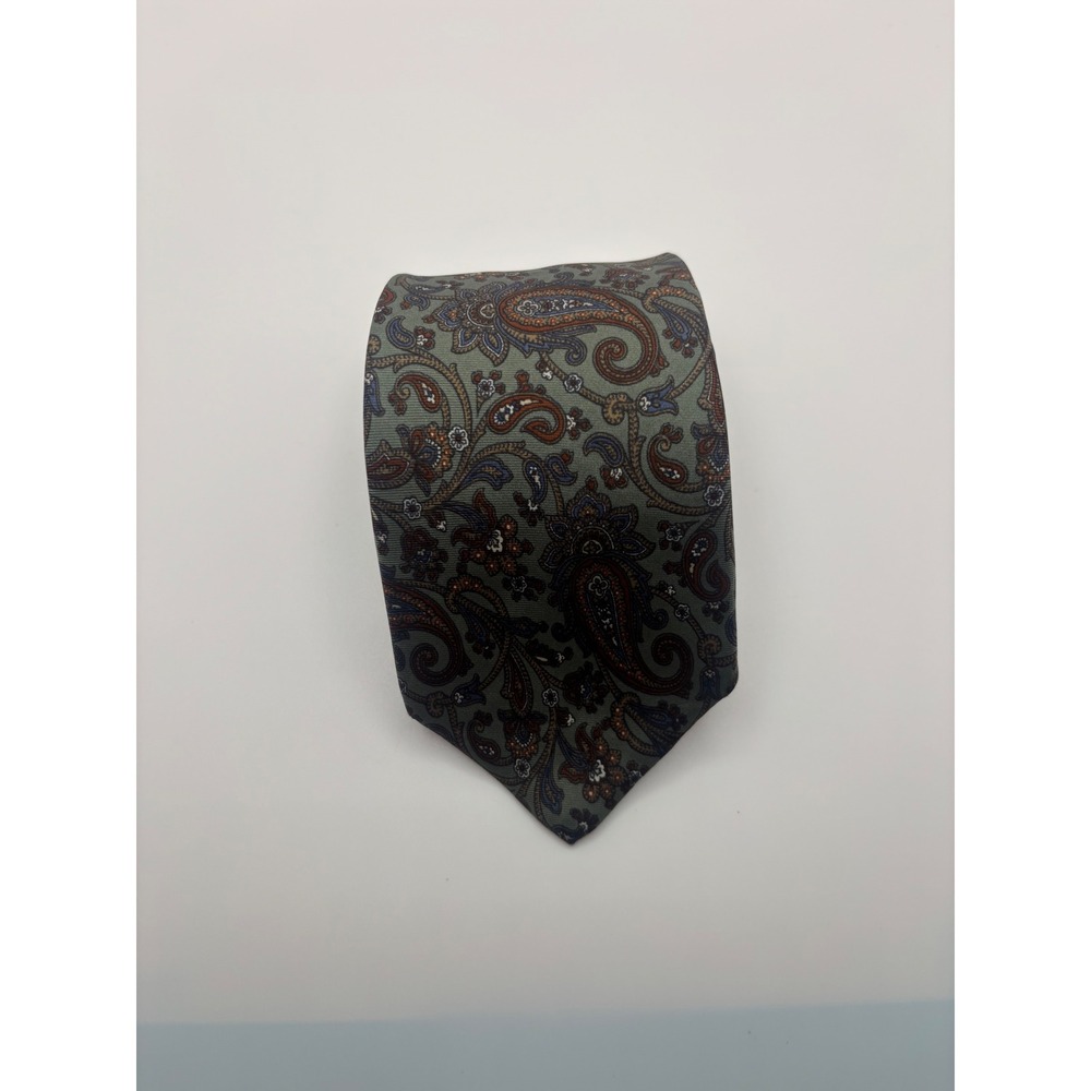 Christian Dior Mens Silk Necktie Sage Green Paisley Floral Formal Tie USA Made